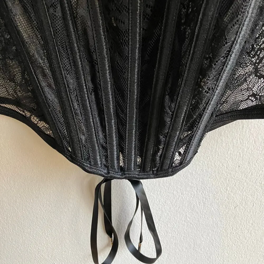 Fantasy Lingerie Lace Corset Size 2XL Black Sheer Mesh Bustier Lace Up Overbust